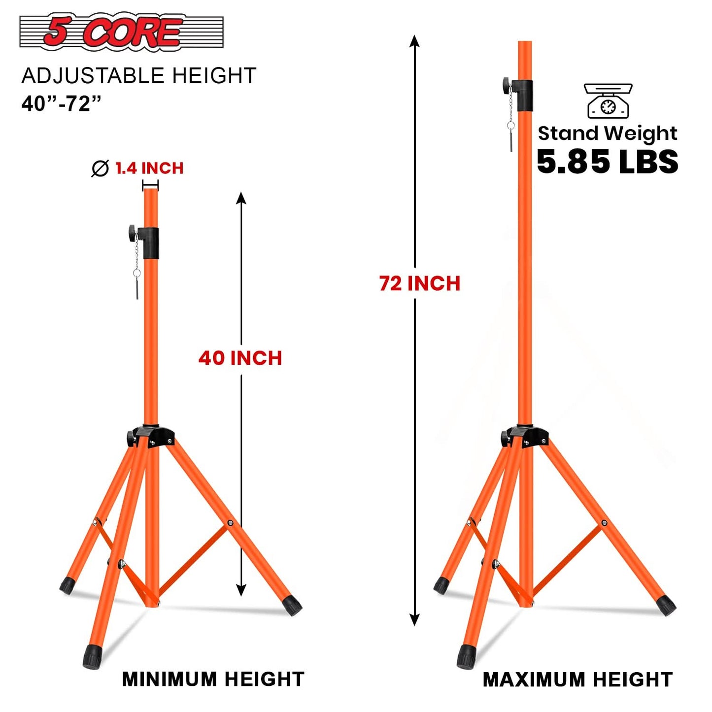 5Core Speaker Stand Tripod Tall Adjustable 72 Inch DJ Pole Mount Studio Monitor Stands ORANGE 2 PK-1