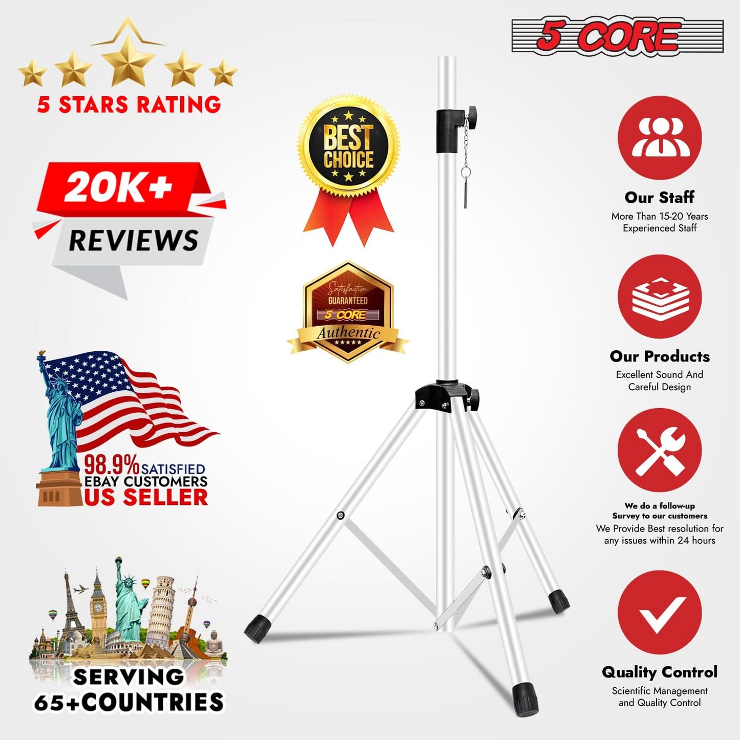 5Core Speaker Stand Tripod 2Pcs Tall Adjustable 72 Inch DJ Studio Monitor Stands Pole Mount-3