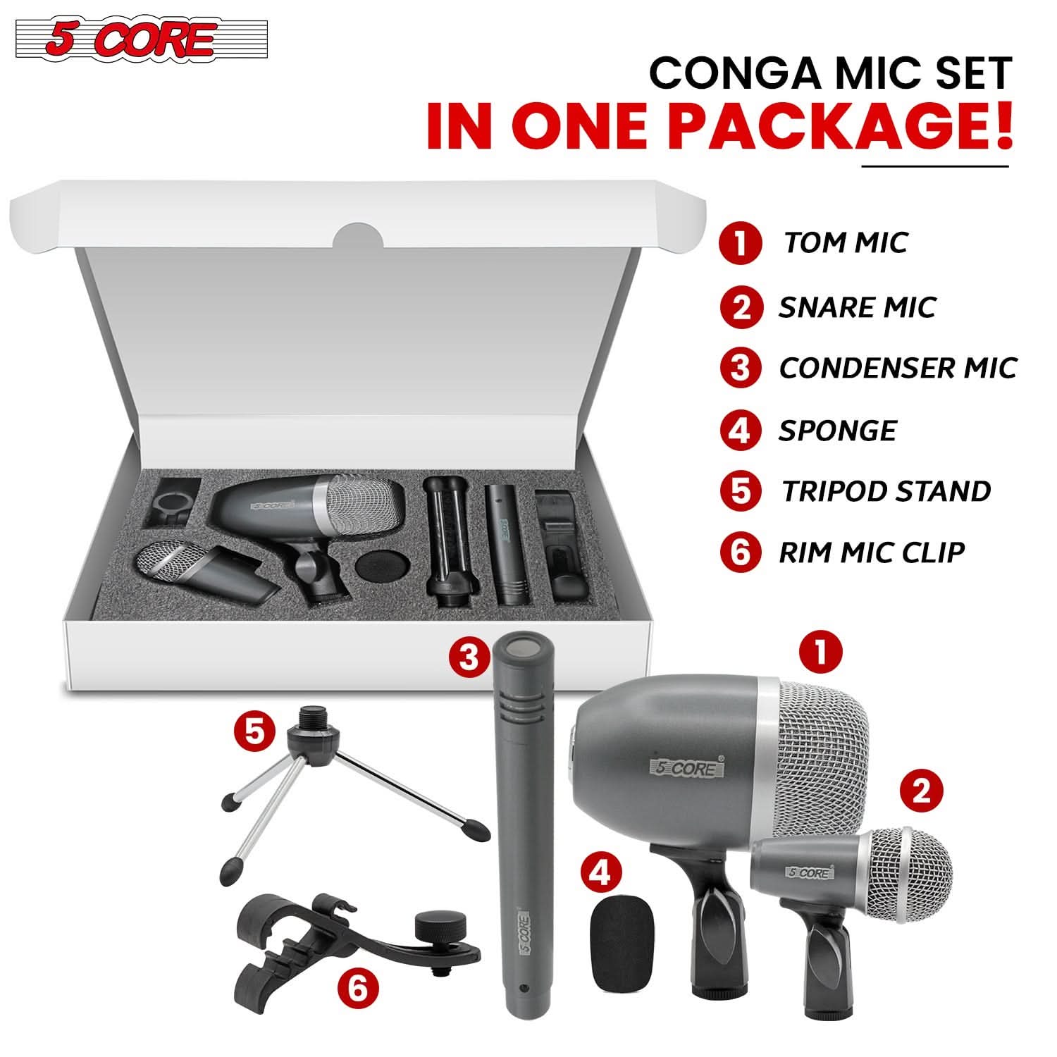 5Core Conga Mic Snare Tom Microphone Drum Kit Condenser XLR Instrument Mics GREY-3