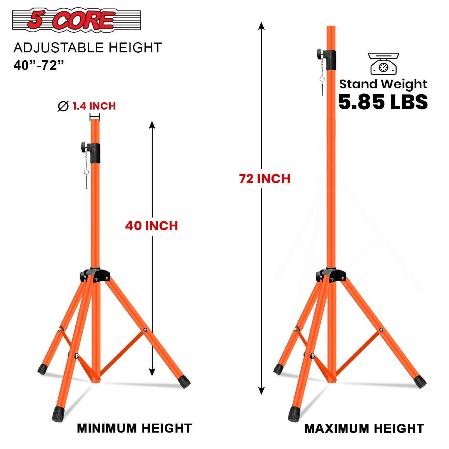 5Core Speaker Stand Tripod Tall Adjustable 72 Inch DJ Pole Mount Studio Monitor Stands ORANGE 2 PK-1