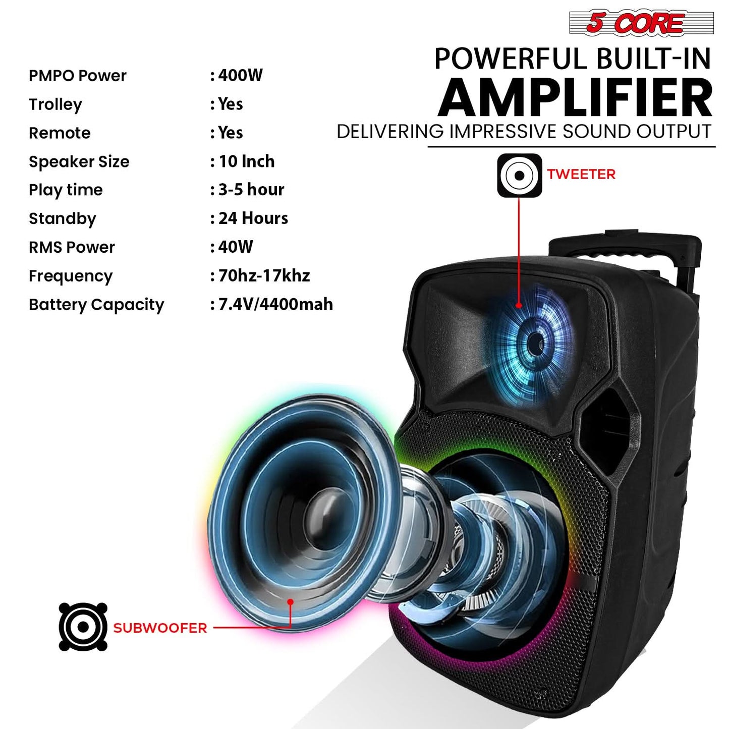 5Core 10 inch PA Portable Bluetooth Party Speaker Karaoke Boombox + 2 Wireless Mics-3