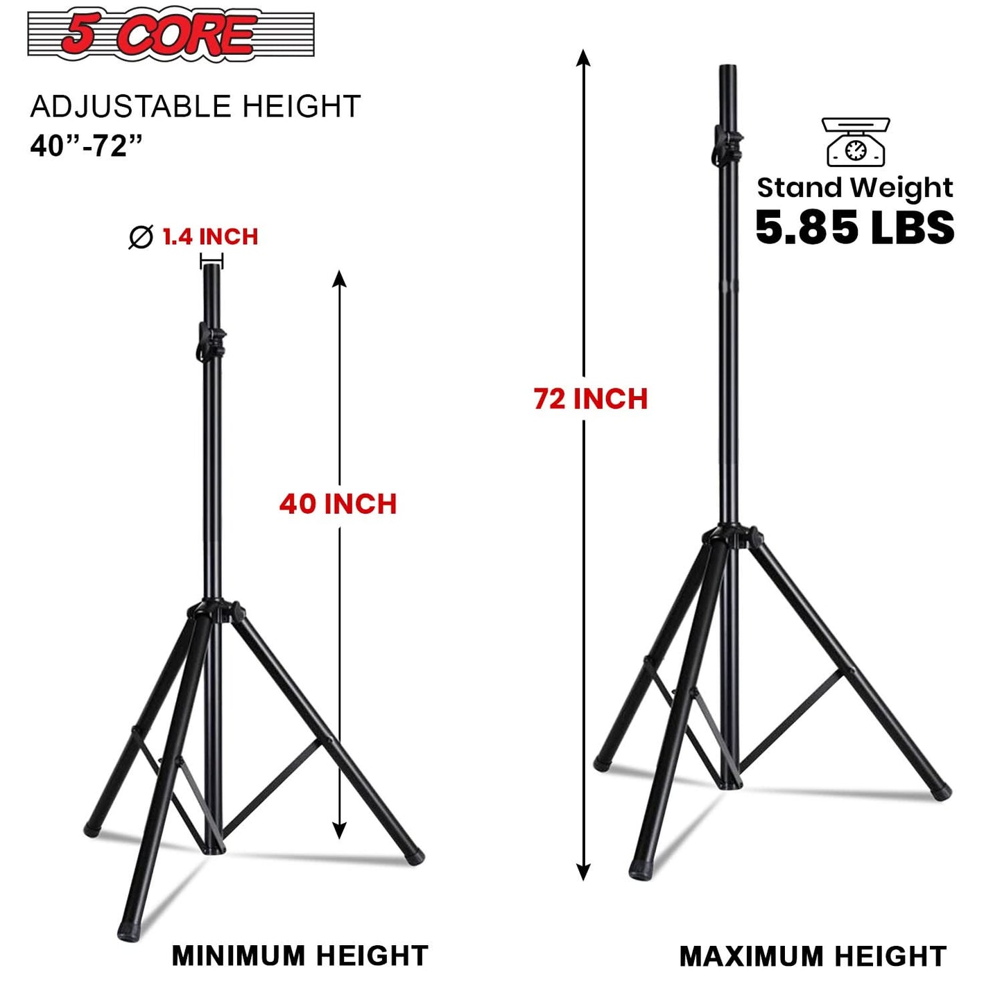 5Core Speaker Stand Tripod Tall Adjustable 72 Inch DJ Pole Mount Studio Monitor Stands BLACK 2 PK-1