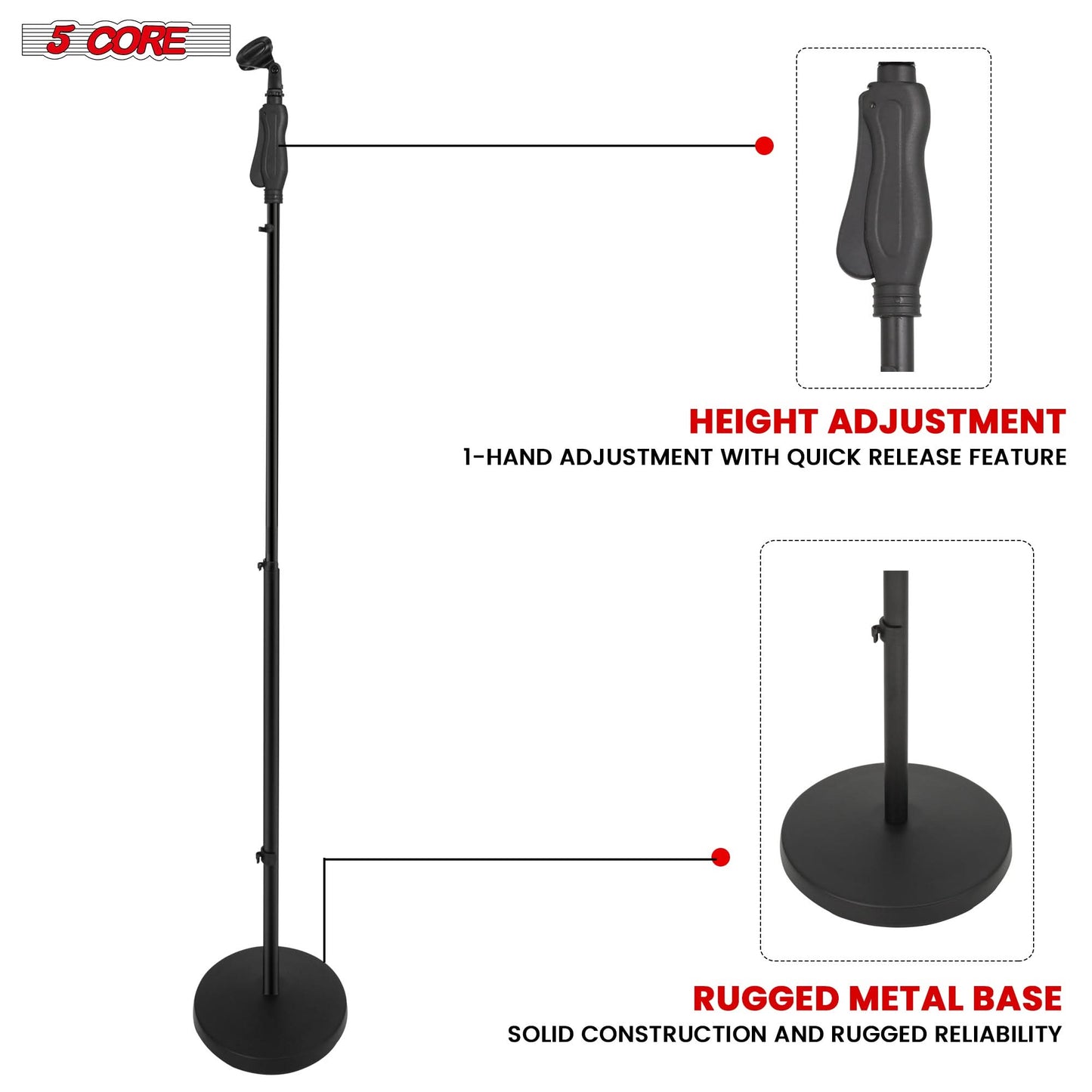 5Core Universal Microphone Stand 2Pcs Height Adjustable 35 to 57" Round Base Floor Mic Holder Metal Build-2